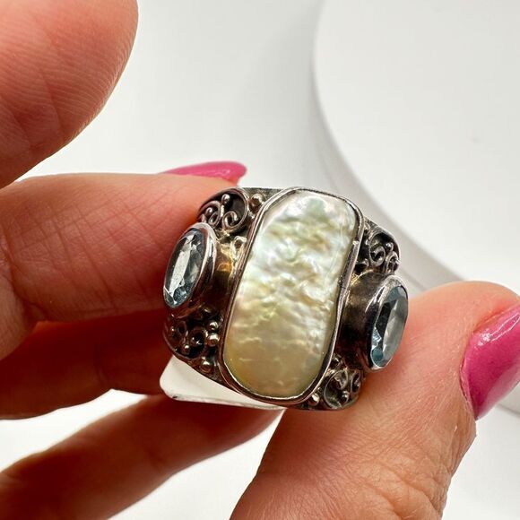 Genuine pearl and blue topaz in sterling silver ring! - Picture 6 of 13